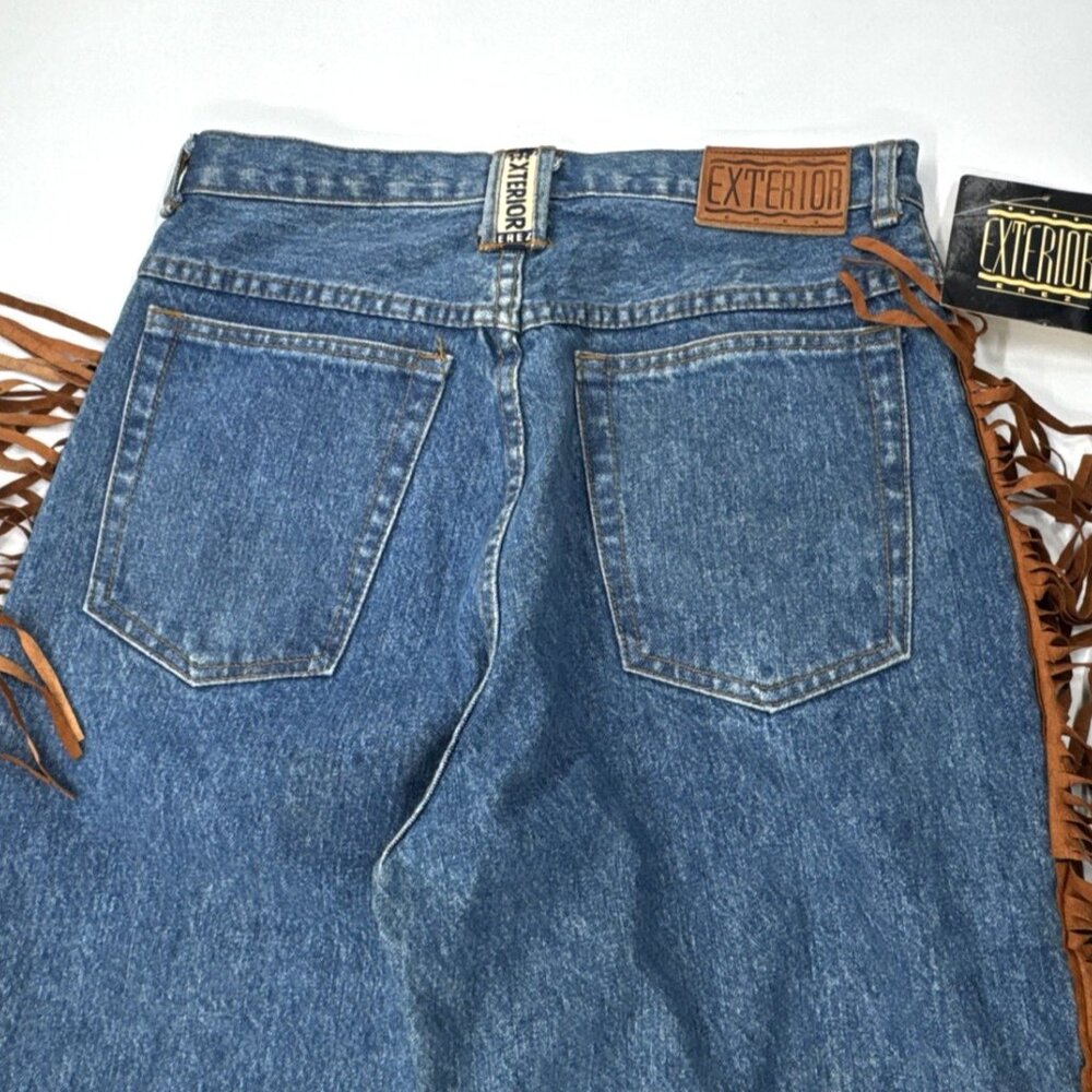 Vintage Leather Fringe Trim Jeans Mens 32x30 Blue Denim Tapered High Waist NWT - Picture 7 of 9